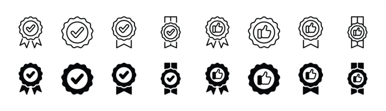 Approved or certified badge medal icon set. Approval check mark and thumb up on medal. Containing quality, brand, stamp, inspector checking, award, reward, winner, prize. Vector illustration