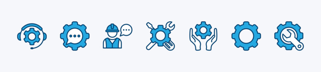 Technical Support and Customer Service icon set. Containing settings, setup, installation, tools, control, customized, repairing, recovery, maintenance, mechanical help. Vector illustration