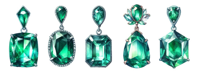 Emerald earrings watercolor illustration material set