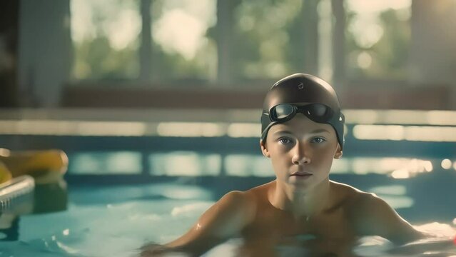 A boy swimming in a blue sports pool, the rays of the sun falling from the windows illuminate the reflections on the water and drops on the child's skin. Generative AI