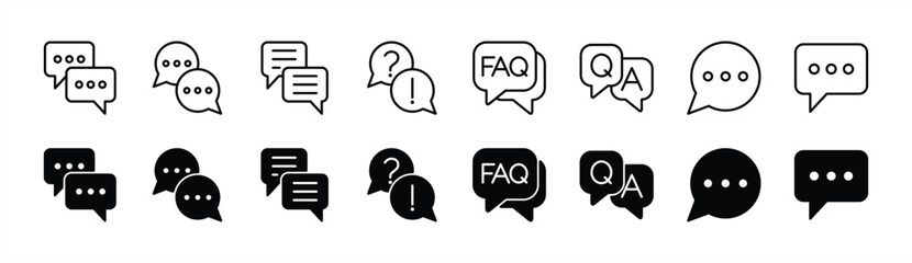 Chat thin line icon set. Containing speech bubble, message, inbox, faq, Q and A, question and answer, comment, dialogue, communication, and conversation. Vector illustration