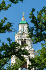 Fototapeta na wymiar Astrakhan, Russia. Cathedral bell tower with Prechistensky gates. Astrakhan Kremlin