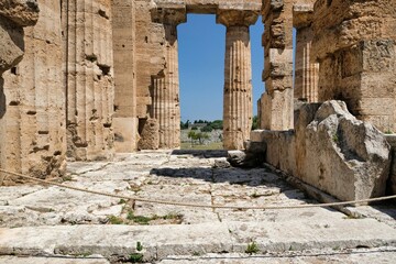Architectural details of the famous temple of Hera in the famous ruins of PAESTUM, Salerno,...