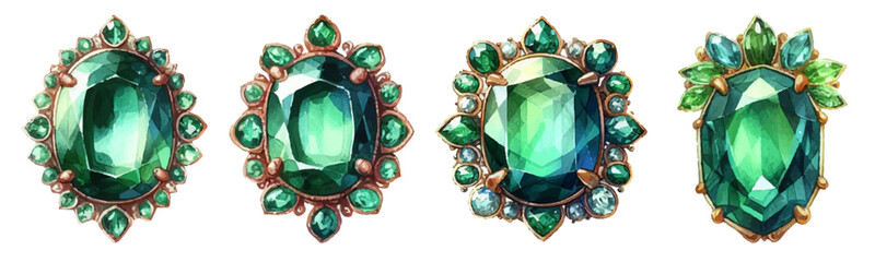 emerald brooch watercolor illustration material set