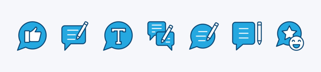 Feedback icon set. Containing write, rating, review, thumb up, chat speech bubble, taxt, satisfaction. Vector illustration