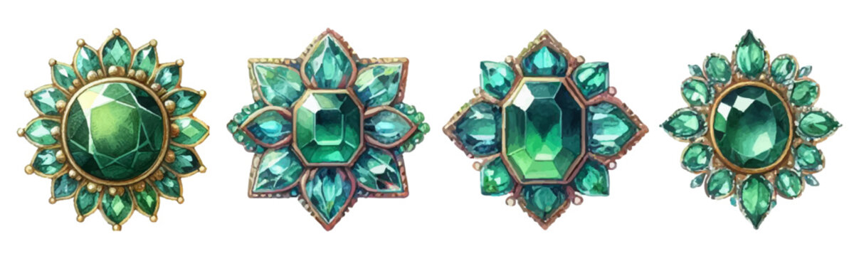 emerald brooch watercolor illustration material set