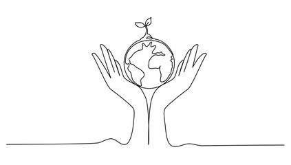 Continuous line art or One Line drawing of hand and earth, for world enviroment day concept graphic design modern continuous line drawing
