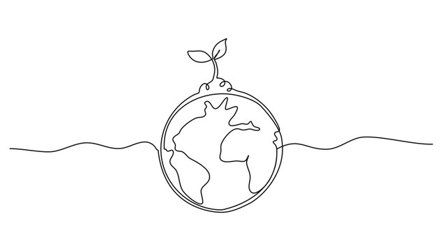 Continuous line art or One Line drawing of earth, and plant for world enviroment day concept graphic design modern continuous line drawing