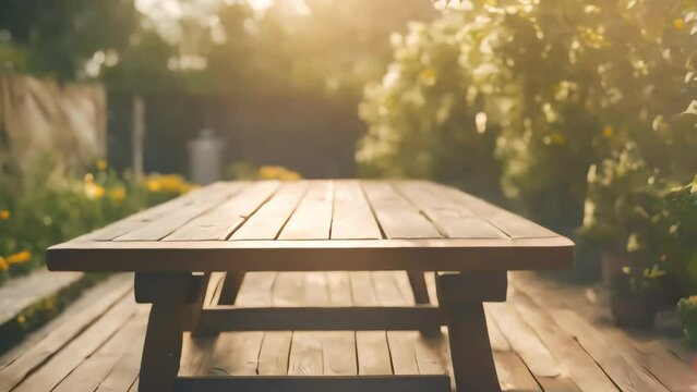 A wooden table on the veranda of the house, swirling with greenery and flowers that are quietly swaying in the wind. Generative AI