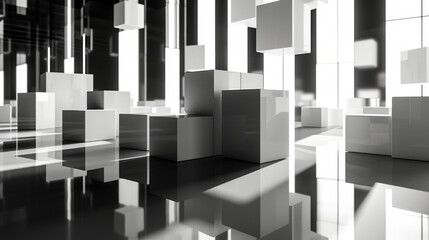 Digital rendering of a modern, abstract installation with monochrome geometric shapes and reflective surfaces in a gallery-like setting.
