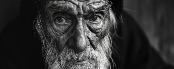 Old man face in black white color. Detail of wrinkles on senior skin or face