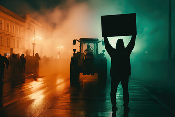 Farmers protest against green deal concept - silhouette of tractor and a protester shadow holding a sign in foggy night with copy space - obrazy, fototapety, plakaty