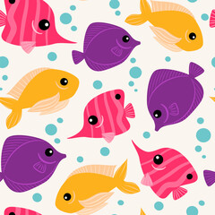 Cute hand drawn seamless pattern vector background illustration with colorful fishes	