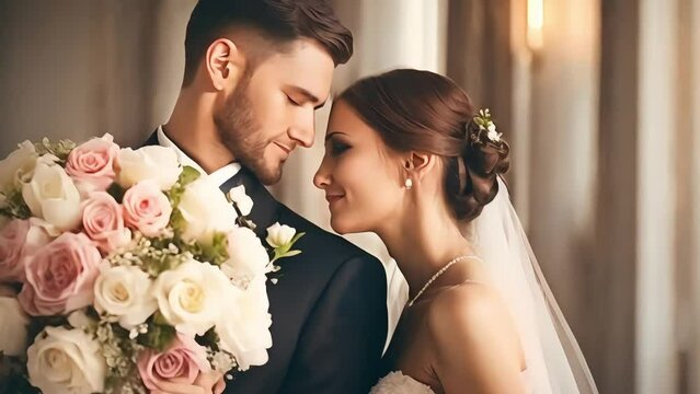 Backstage photo shoots of the newlyweds, the bride and groom are looking at each other tenderly, holding a wedding bouquet in their hands. Generative AI