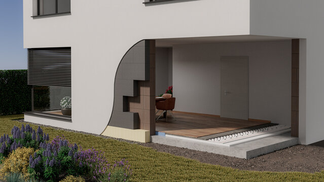 Fassadend&auml;mmung im Schnitt mit W&auml;rmed&auml;mmverbundsystem und Styropor(WDVS) und Fu&szlig;bodenheizung mit Bodend&auml;mmung und Trittschallplatten oder Tackerplatten eines Einfamilienhauses Fokus auf WDVS