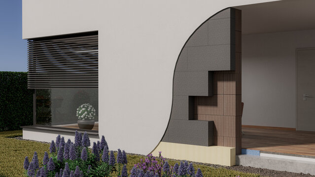 Fassadend&auml;mmung im Schnitt mit W&auml;rmed&auml;mmverbundsystem und Styropor(WDVS) und Fu&szlig;bodenheizung mit Bodend&auml;mmung und Trittschallplatten oder Tackerplatten eines Einfamilienhauses 4 Fokus auf WDVS