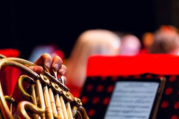 Musicians fingers on brass instrument at concert