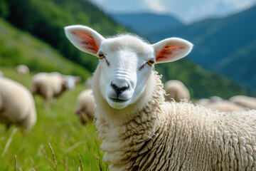 Fototapeta premium sheep on a pasture in the mountains looks at the camera close-up