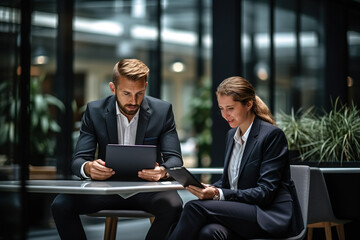 Businessman and businesswoman discussing paperwork while sitting at office.