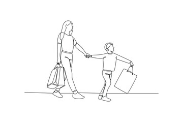 One continuous line drawing of Happy people shopping at mall. Shopping concept. Doodle vector illustration in simple linear style.