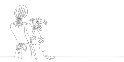 Womens day background. Line art vector illustration of a woman with a bouquet of flowers