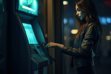 Portrait of young woman using cash machine for money withdrawal outdoors at night. - obrazy, fototapety, plakaty