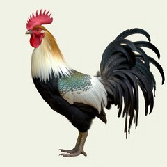 Vibrant rooster with multicolored feathers on light backdrop