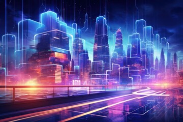 Futuristic cityscape with digital overlays and vibrant lights