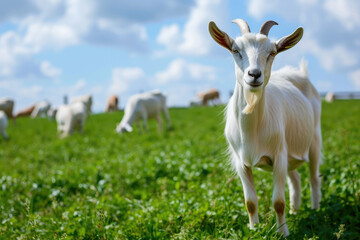 Fototapeta premium White goat grazing on a green pasture close-up