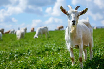 White goat grazing on a green pasture close-up