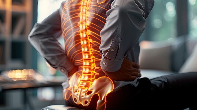 X-ray Illustration of man with a mansedentary work, sore spine and lower back protrusion and hernia of the spine. Help from an osteopath, neurolog or surgeon, henriology