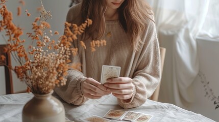 Young woman tarologist lays out tarot cards on the table, fortune telling, predicting the future. Astrology theme