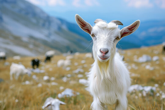 white goat grazing on a pasture in the mountains close-up