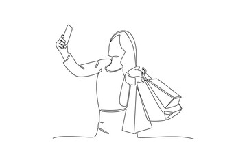 One continuous line drawing of Happy people shopping at mall. Shopping concept. Doodle vector illustration in simple linear style.
