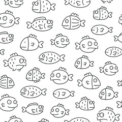 Seamless pattern with fish. Black and white thin line icons
