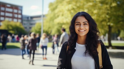 Fototapeta premium Portrait of a smiling student standing outside. Smart, diligent student