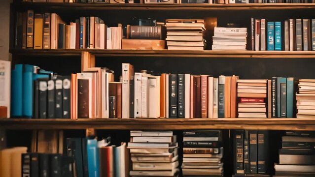 A modern library with high shelves and bookshelves, a variety of books stand on the shelves waiting for their readers. Generative AI
