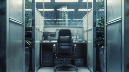 Modern executive office cubicle featuring a high-back leather chair, minimalist desk setup, and potted plants, within a corporate setting.