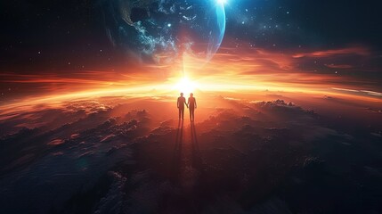 Silhouette of a couple holding hands against the breathtaking backdrop of a sunrise over a rugged alien landscape with celestial bodies.