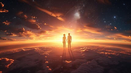 A couple stands hand-in-hand, silhouetted against a stunning sunset with clouds below and the cosmos stretching infinitely above.