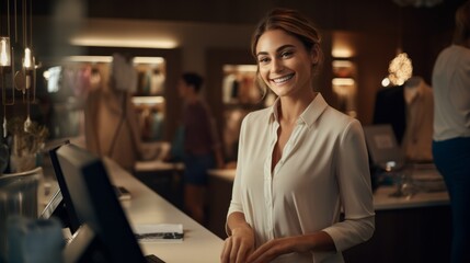 Obraz premium A happy smiling brunette woman cashier, sales consultant looking at the camera against the background of a clothing store.