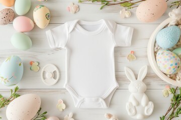 Fototapeta na wymiar A pristine white baby onesie is presented amongst a delightful arrangement of Easter eggs, pacifiers, and a bunny, perfect for spring-themed baby easter.