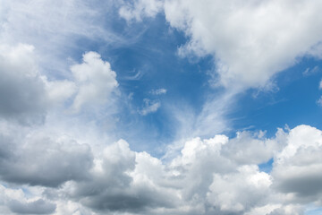Sunny blue sky with beautiful light fluffy clouds, day sky replacement or background