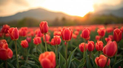 Obraz premium Amazing white,red, pink tulip flowers blooming in a tulip field, against the background of blurry tulip flowers in the sunset light. Fresh bright yellow spring tulips, Bouquet of spring tulips 