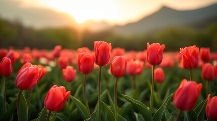 Obraz premium Amazing white,red, pink tulip flowers blooming in a tulip field, against the background of blurry tulip flowers in the sunset light. Fresh bright yellow spring tulips, Bouquet of spring tulips 