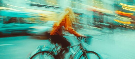Blurred image of a woman biking in the city.