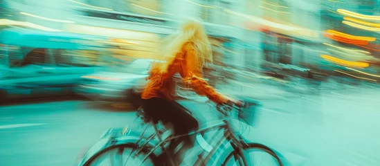 Poster Blurred image of a woman biking in the city. © AkuAku