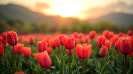 Amazing white,red, pink tulip flowers blooming in a tulip field, against the background of blurry tulip flowers in the sunset light. Fresh bright yellow spring tulips, Bouquet of spring tulips  - obrazy, fototapety, plakaty