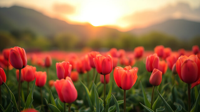 Amazing white,red, pink tulip flowers blooming in a tulip field, against the background of blurry tulip flowers in the sunset light. Fresh bright yellow spring tulips, Bouquet of spring tulips 