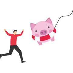Emergency fund or money to help in crisis situation, savings for unexpected expense or losing job, emergency loan concept, happy businessman catching piggybank with lifebuoy as life support in crisis.